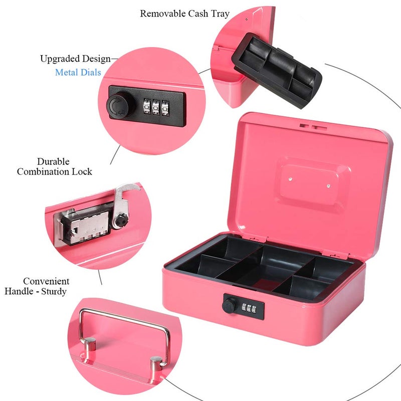 Jssmst Large Cash Box with Combination Lock - Durable Metal Cash Box with Money Tray Pink (9.8 x 7.9 x 3.5), SM-CB07004L, SM-CB014 - Image 5